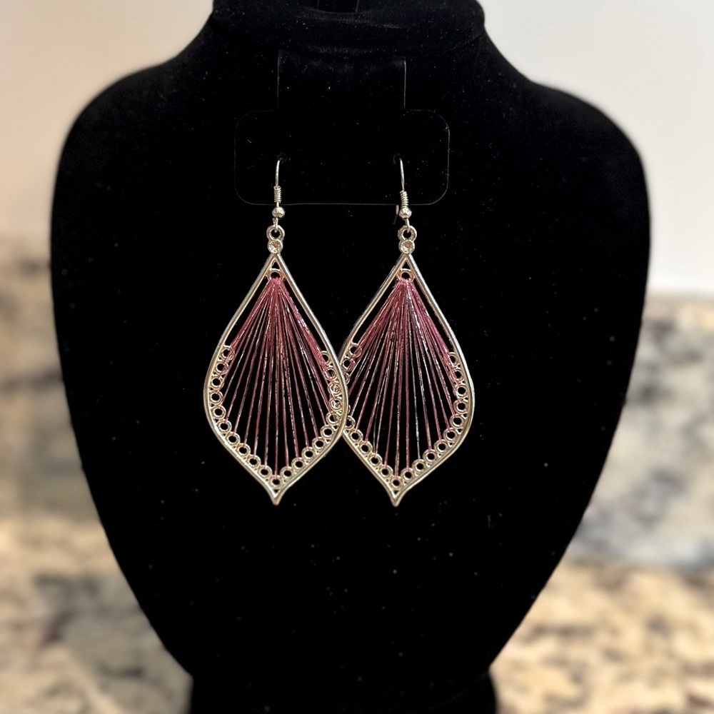 Elegant Silver and Pink Teardrop String Earrings